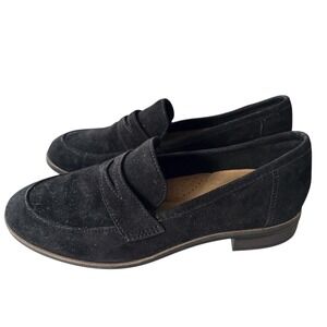 Clarks Trish Rose Black Suede Penny Loafers,Size 6.5, Preppy, Minimalist, Casual